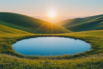 Poster - Sunrise over a tranquil pond surrounded by lush green hills in a serene landscape