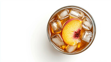 Poster - Refreshing peach iced tea in glass with ice cubes on white background