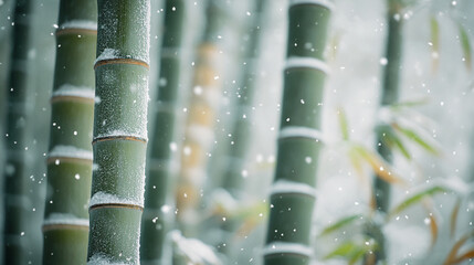 Poster - Close-up of snow-covered bamboo stalks, showcasing a serene winter scene, symbolizing peace, tranquility, and natural beauty, ideal for calming concepts