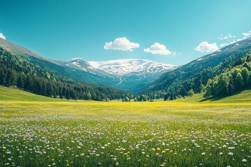 Poster - Scenic view of a vibrant flower-filled valley with snow-capped mountains in the background during a sunny day