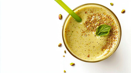 Poster - Pistachio and berry smoothie with leaf garnish for refreshing beverage inspiration