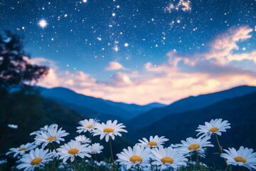 Aufkleber - Flowers bloom under a starry sky in a serene mountain landscape during twilight hours