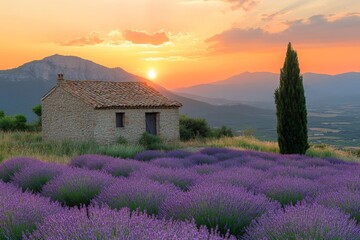 Poster - Scenic sunset over lavender fields with stone cottage in rural landscape of Provence during summer