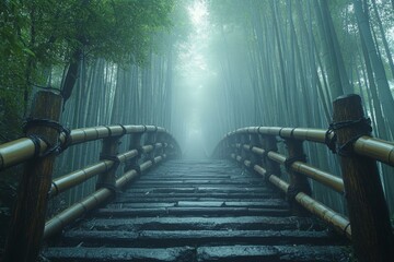 Aufkleber - Misty bamboo forest path leads to a tranquil bridge surrounded by lush greenery at dawn