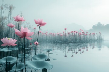 Poster - Serene lotus flowers bloom in tranquil water under soft morning mist by a calm lake