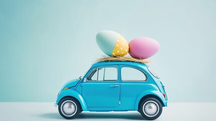  Small Blue Car with Giant Easter Egg on Roof on Minimalist Pastel Pink Background, Studio Lighting with Soft Shadows. Easter Celebration Concept for Automotive Advertising, Greeting Card Design, or Sp