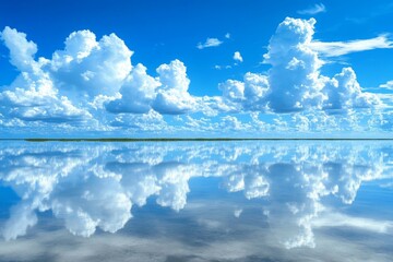Poster - Expansive blue sky with fluffy clouds reflected in tranquil water during daytime