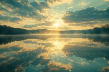 Aufkleber - Sunrise over tranquil lake reflecting colorful clouds and golden hues