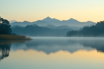 Poster - Misty sunrise over tranquil lake with distant mountains in the background reflecting in calm waters