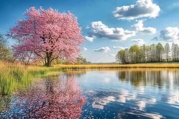 Poster - cherry blossom tree near peaceful lake under a bright blue sky with fluffy clouds