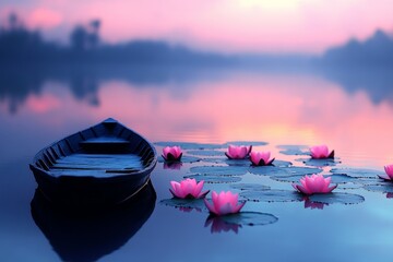 Poster - Still morning at a serene lake with a solitary boat surrounded by blooming lotus flowers