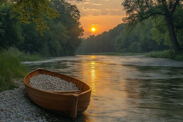 Aufkleber - Tranquil sunset over the river with a wooden boat filled with stones along the shore