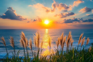 Aufkleber - Sunset over the ocean with tall grass swaying gently on a coastal cliff during twilight