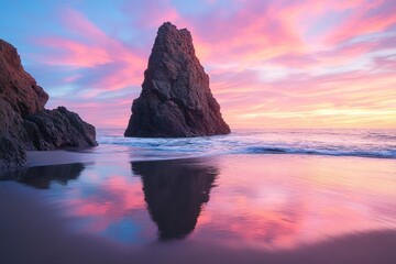 Aufkleber - Sunset casts vibrant colors over rocky shore with reflections in calm ocean at a coastal location