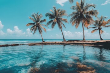 Poster - Tropical palm trees reflecting in calm ocean water under a blue sky with fluffy clouds