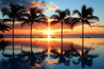 Poster - Sunset over a tranquil pool with palm trees reflecting in the water at a serene beach location