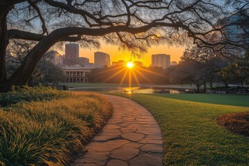 Aufkleber - Sunrise over the city park with lush greenery and serene water reflecting the golden light on a clear morning