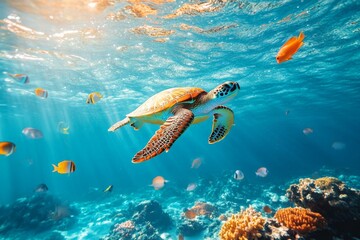 Poster - Colorful underwater scene featuring a sea turtle swimming among vibrant marine life in a coral reef
