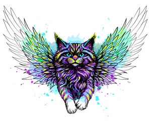 Wall Mural - abstract, color portrait of a cat with wings in watercolor style on a white background.