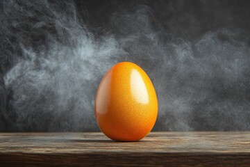 Leinwandbilder - Vibrant orange egg on wooden surface surrounded by wisps of smoke in a dramatic setting