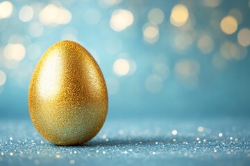 Aufkleber - Golden egg on a shimmering blue background creates a festive and delightful atmosphere for celebrations, symbolizing joy and new beginnings