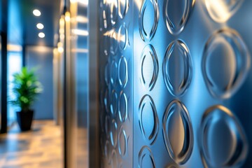 Poster - Modern office corridor with artistic wall design and greenery in a corporate setting during daytime
