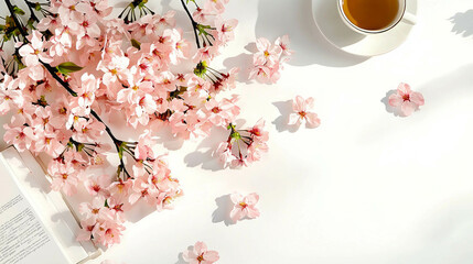 Poster - Realistic sakura petals on white surface with cup and book for elegant spring decor
