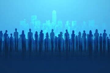 Poster - Silhouetted crowd against a digital cityscape reflecting unity in a technological era
