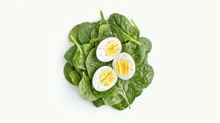 Poster - Fresh spinach and boiled egg on white background for healthy meal ideas