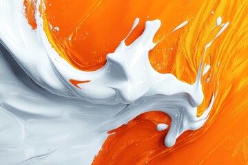 Aufkleber - Vibrant orange and white paint splash on canvas creates dynamic movement and artistic energy in a modern art setting