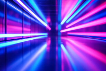 Poster - Abstract neon lights illuminating a corridor with a reflective floor creating a futuristic scene