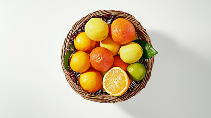 Poster - Vibrant oranges and lemons in a wicker basket on white background for kitchen decor