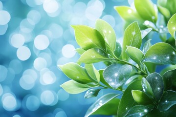 Poster - Lush green leaves glisten with raindrops against a bright blue bokeh background in a serene outdoor setting