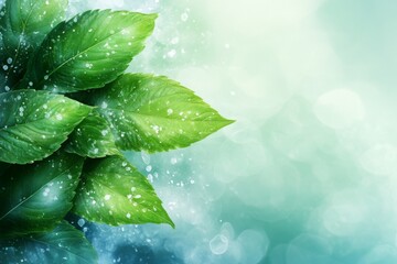 Poster - Fresh green leaves with water droplets creating a serene atmosphere in a natural setting during daytime