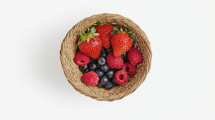 Poster - Fresh berries in a wicker basket on white background for natural summer decor