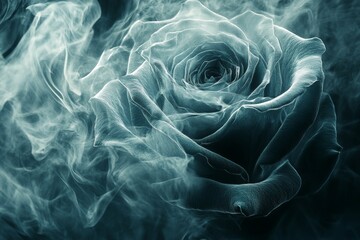 Poster - Ethereal grey rose surrounded by mist creating a dreamlike atmosphere in a mysterious setting