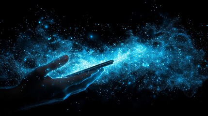 Poster - A hand extends toward a luminous smartphone, capturing a mesmerizing display of swirling blue particles reminiscent of a starry night. The atmosphere evokes a sense of connection and wonder