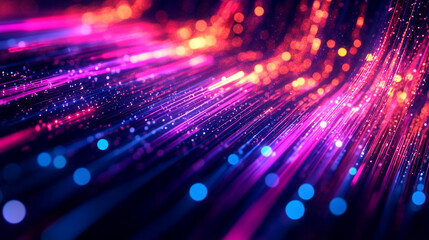 Poster - Abstract glowing lines with bokeh effect in shades of blue pink and orange on a dark background