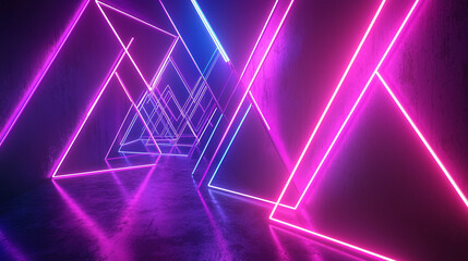 Poster - Perspective view of a neon triangle tunnel with pink and blue lights creating a futuristic look