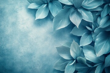 Poster - Fresh green leaves create a calming atmosphere over a textured blue background in a serene arrangement
