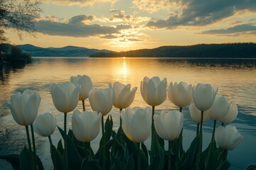 Poster - Beautiful white tulips by the lake at sunset create a serene and picturesque landscape in nature's embrace