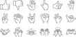 © Jolly J - Hand gesture line icon set. Vector pictograms of thumbs up, peace sign, high five, fist bump, rock on, heart shape thin linear illustration for communication, expressions, finger actions.