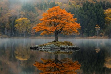 Poster - Vibrant orange tree reflecting on tranquil lake during autumn mist
