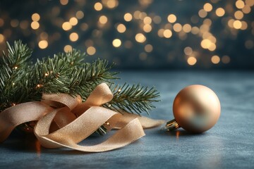 Poster - Holiday decorations featuring green pine needles, golden ribbons, and ornaments with blurred festive lights in the background