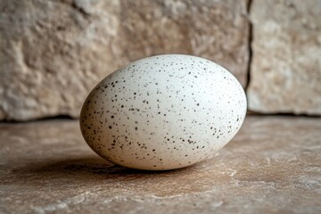 Leinwandbilder - Unique speckled egg lies on textured stone surface in warm lighting