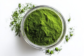 Poster - Bright green matcha powder in a glass jar on a white background with scattered powder around it