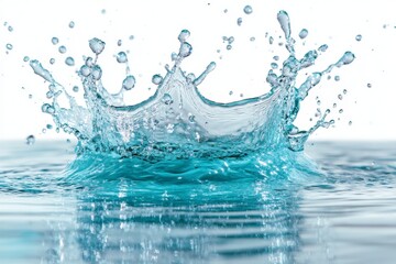 Poster - Water splash captured in a serene pool showing crystal clear blue droplets in mid-air against a light background