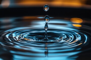 Poster - Water droplet creating ripples on the surface in a calm setting with soft reflections illuminating the scene