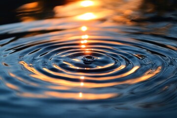 Fototapete - Ripples form on the surface of water as sunlight creates a warm glow during sunset at a serene location