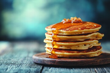 Aufkleber - Stack of fluffy pancakes drizzled with syrup on a rustic wooden plate during a cozy breakfast setting